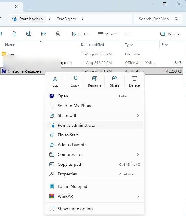 Windows Explorer context menu on OneSigner-Setup.exe with Run as administrator highlighted