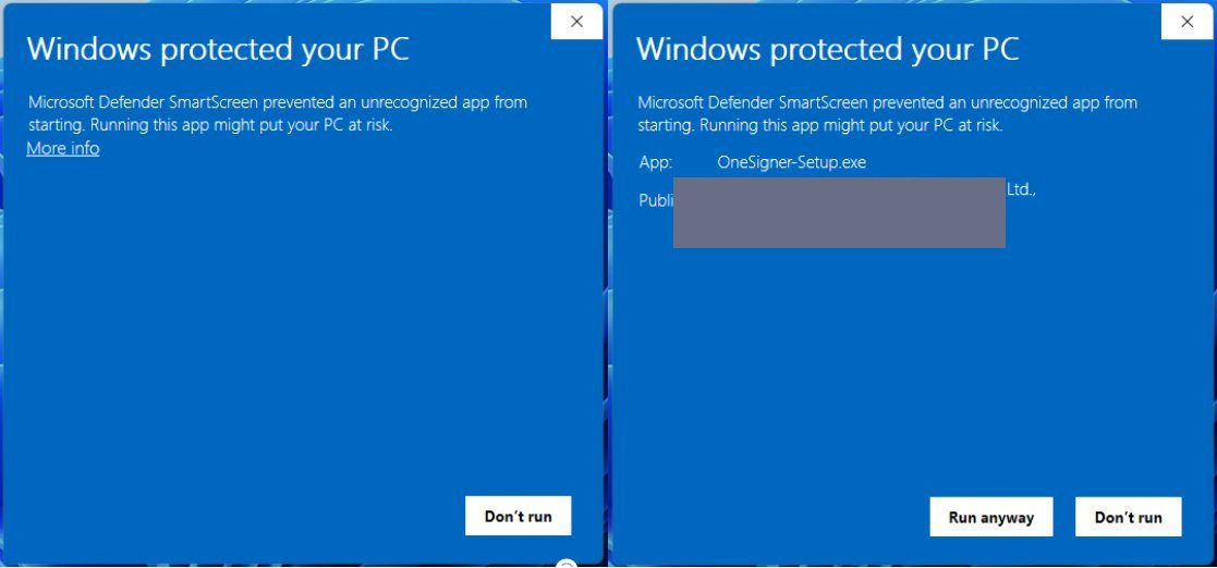 Windows SmartScreen dialog reading Windows protected your PC with the More info link
