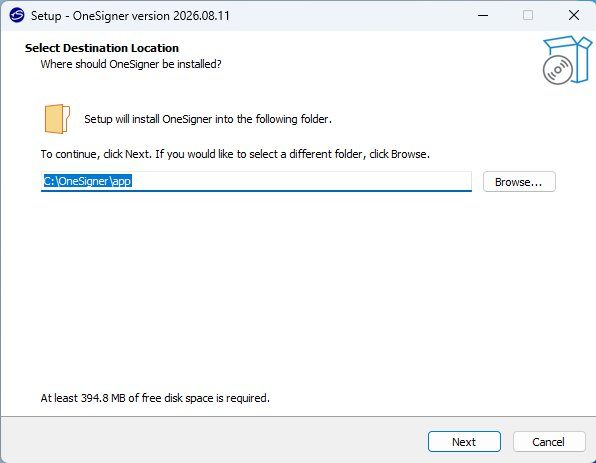 OneSigner setup wizard welcome page