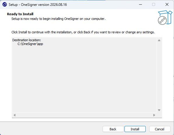 Setup page showing the destination folder C:\OneSigner\app