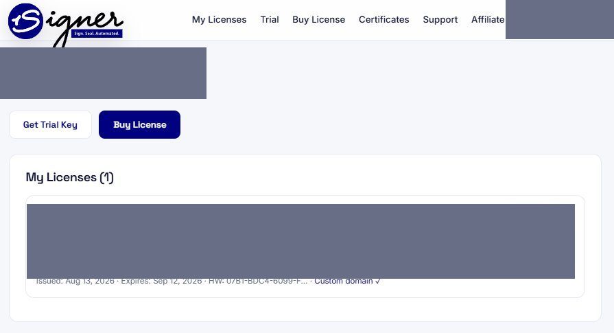 My Licenses page in the OneSign portal showing the licence key to copy