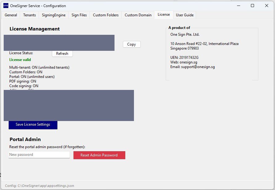 License tab of the OneSigner app with the key pasted into the License Key field