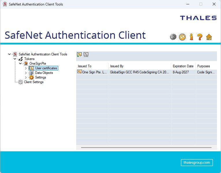 SafeNet Authentication Client window listing the connected token and its certificate