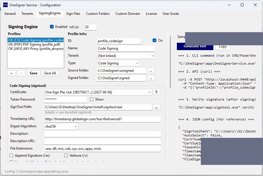 SigningEngine tab in OneSigner with the refresh button next to the Certificate field
