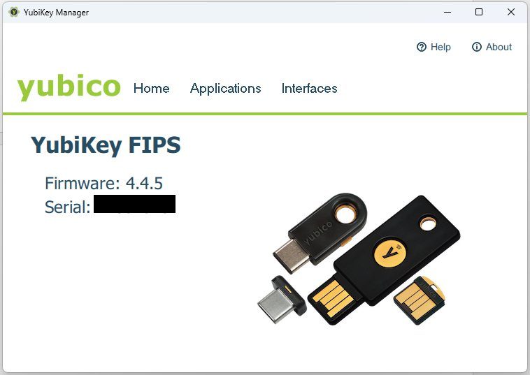 YubiKey Manager showing the connected device and its serial number