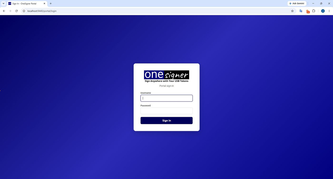 Browser at localhost:9440 showing the OneSigner sign-in page
