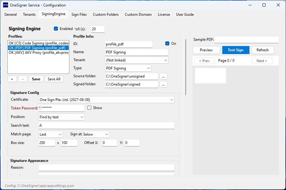 SigningEngine tab with a PDF Signing profile filled in