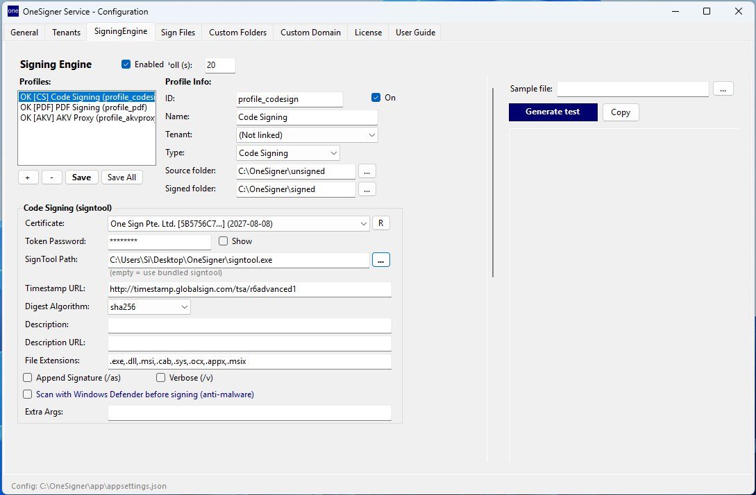SigningEngine tab with a Code Signing profile filled in, including the SignTool path and timestamp URL