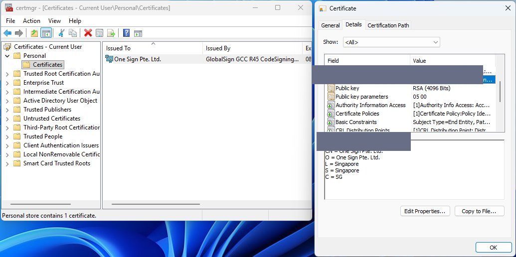 Certificate details dialog in certmgr.msc showing the Subject field and its CN value