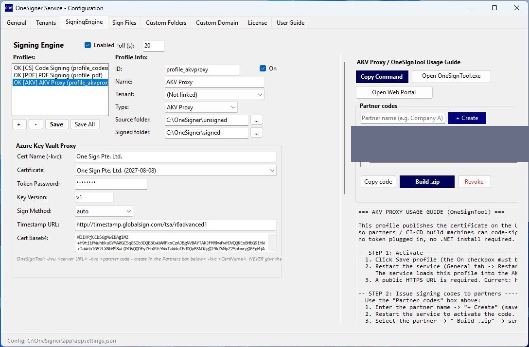 SigningEngine tab with an AKV Proxy profile filled in