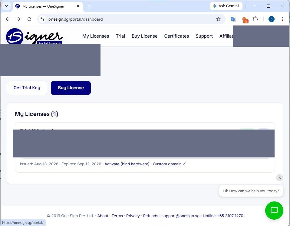 Custom domain page in the OneSign portal with the domain and port creation form