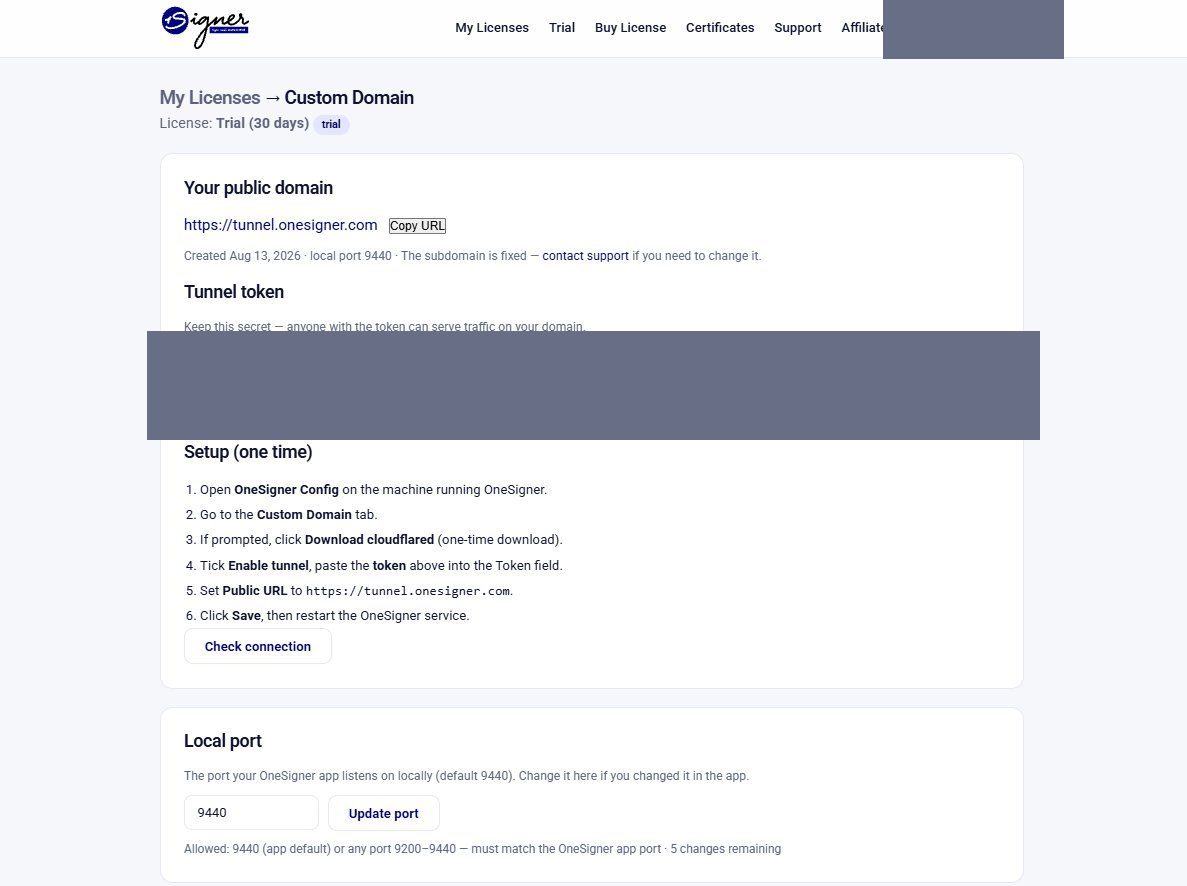 Portal showing the generated tunnel URL and tunnel token ready to copy