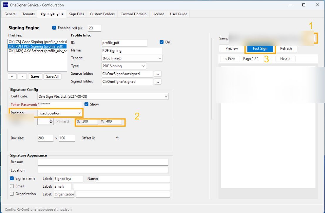 SigningEngine tab with a test PDF loaded and the position and page coordinates being adjusted