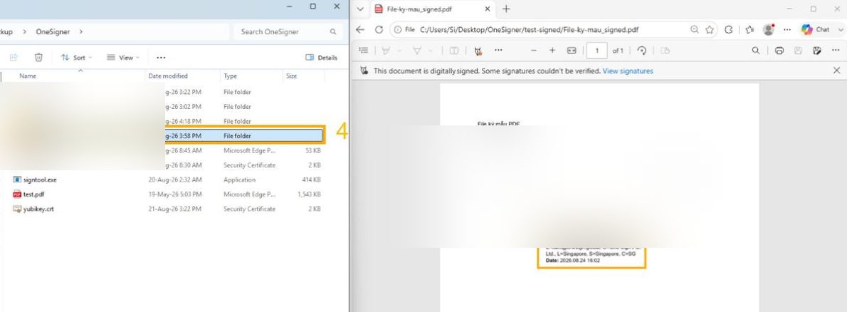 test-signed folder in Explorer containing the signed sample PDF