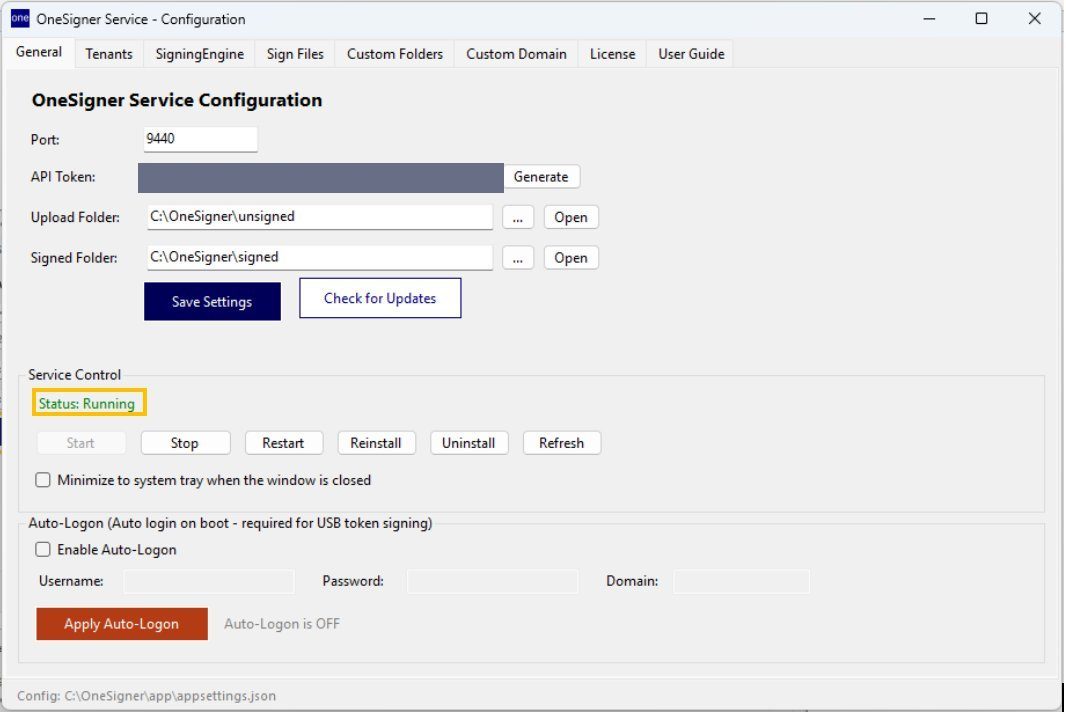 General tab showing Status Running