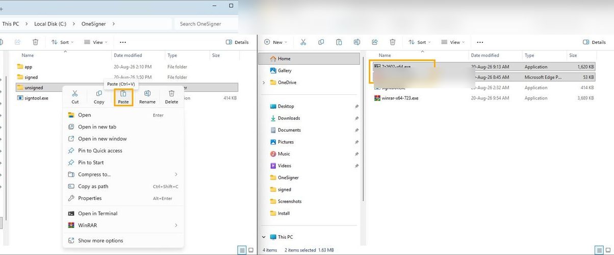 Explorer window showing a file being pasted into C:\OneSigner\unsigned