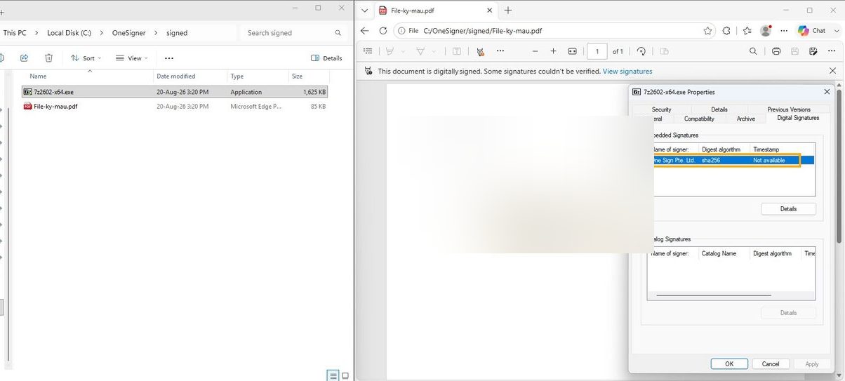 Explorer window showing the signed file in C:\OneSigner\signed