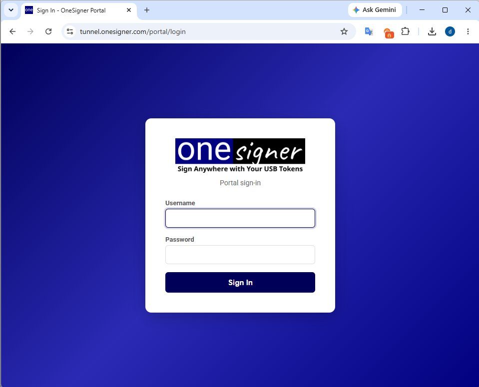 OneSigner portal sign-in page opened at the public tunnel domain