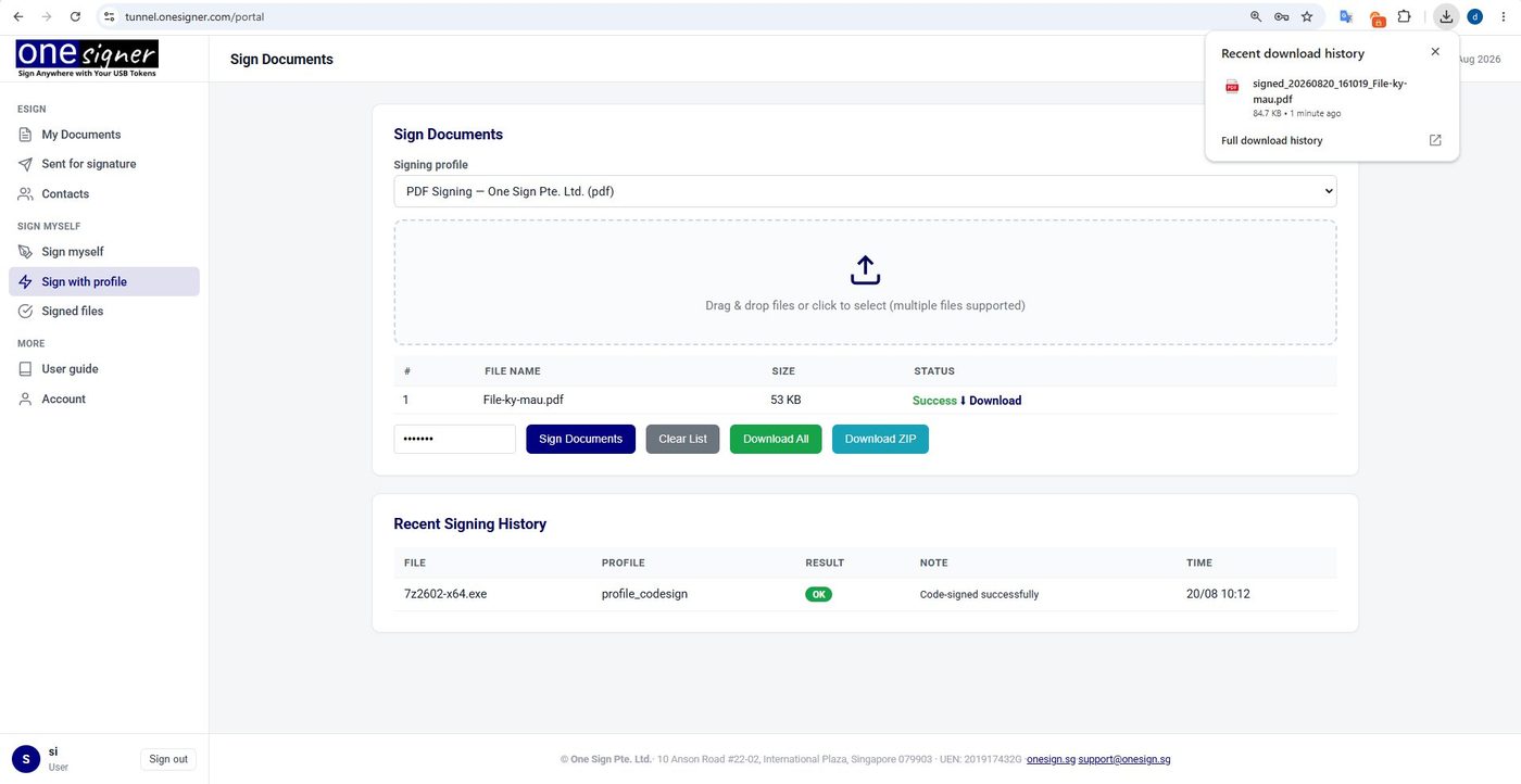 Sign Documents page with a profile selected, files uploaded and the signing PIN entered
