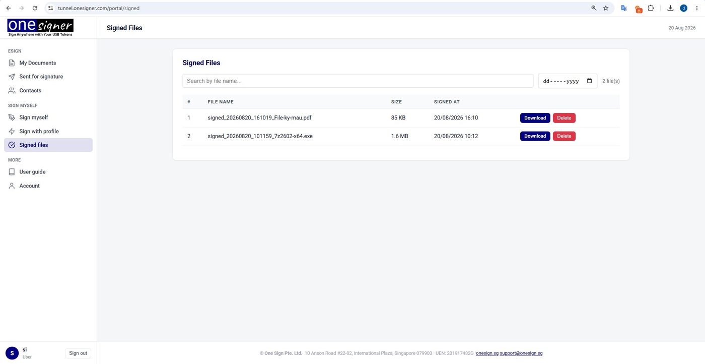 Signed files page listing successfully signed documents with download links
