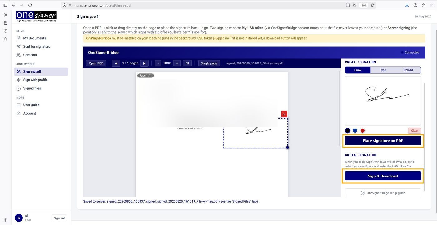 Visual Signing view with the Draw tab open and a signature drawn on the canvas