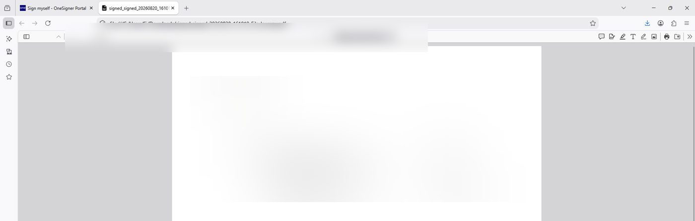 Downloaded PDF showing the hand-drawn signature in place
