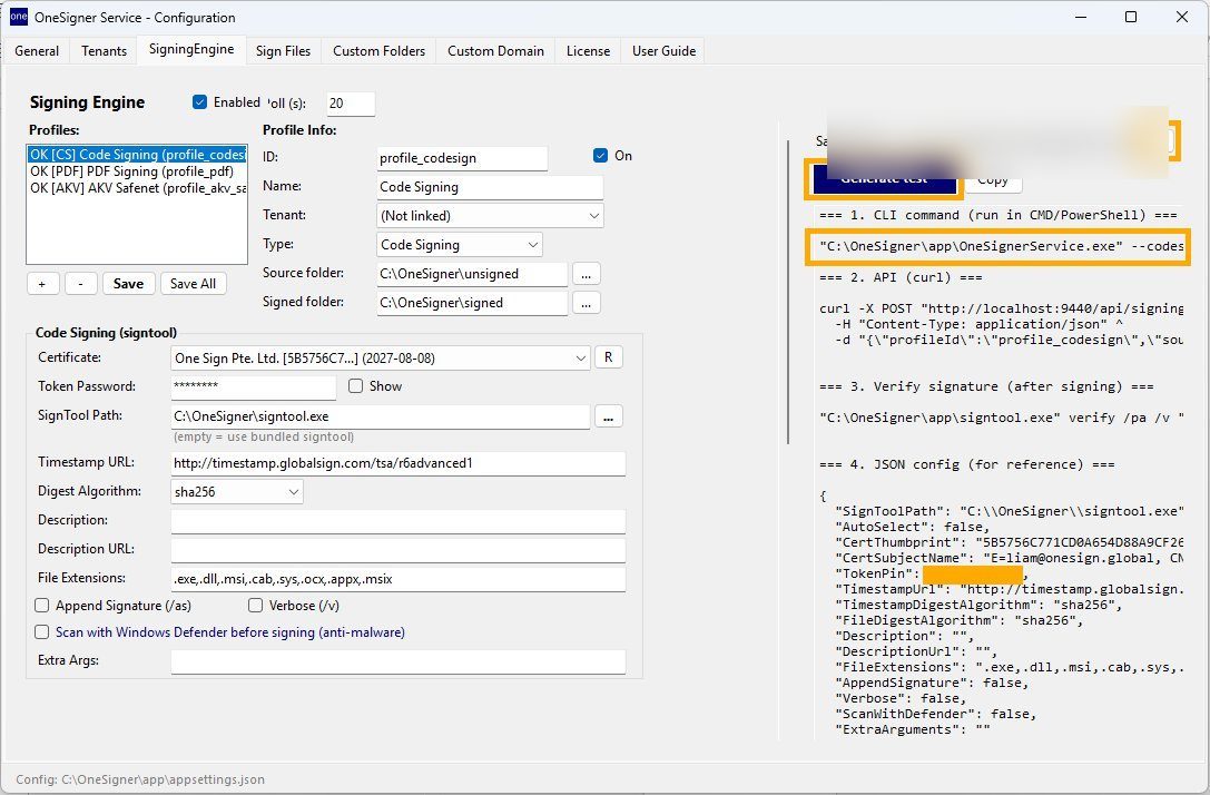 OneSigner app showing the suggested CLI command ready to copy