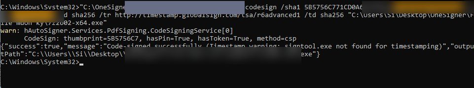 Command prompt output showing a successful code signing run