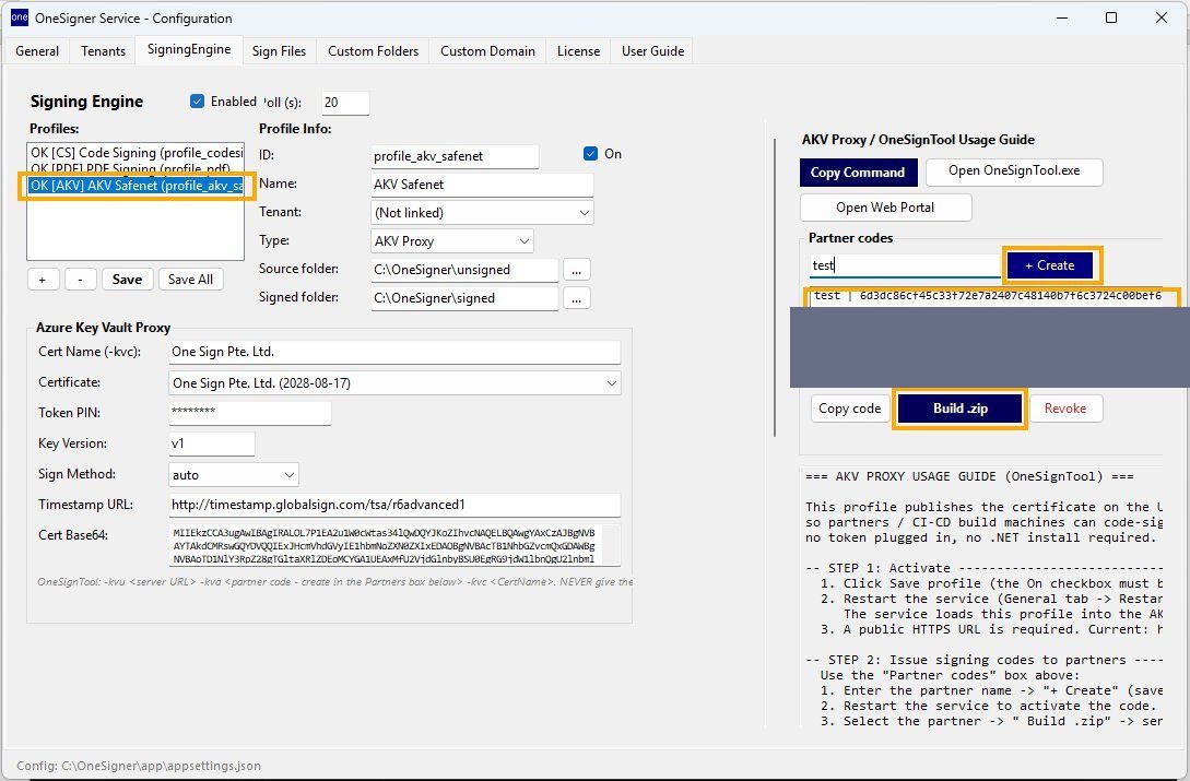 SigningEngine tab showing a partner code entry and the Build .zip button