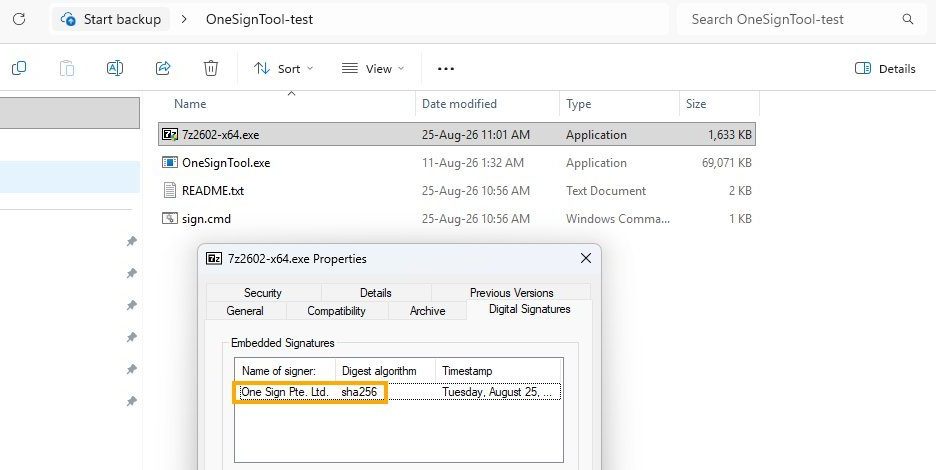 Command prompt output showing a successful remote signing run via the AKV package