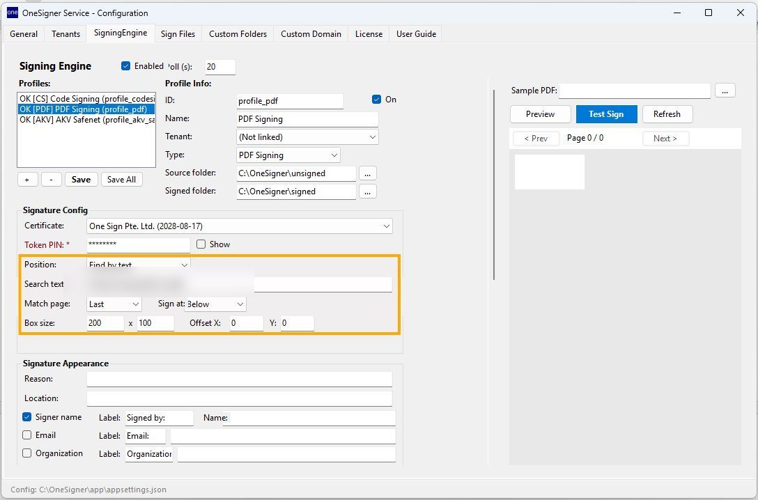 Signing profile configured to place the signature below a specified text string