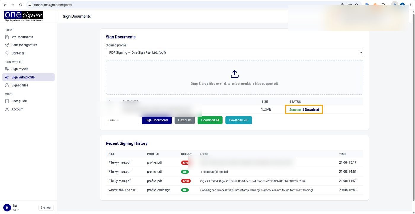 Portal showing a successful signing run performed by a user account created by the admin