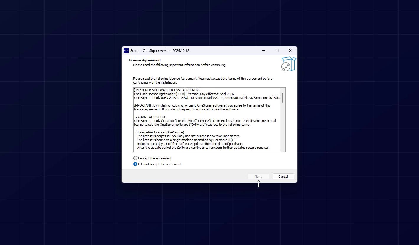 The OneSigner setup wizard, licence agreement page