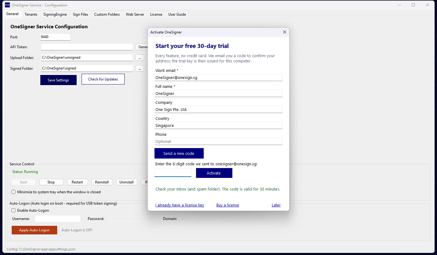 The activation dialog with the trial registration form