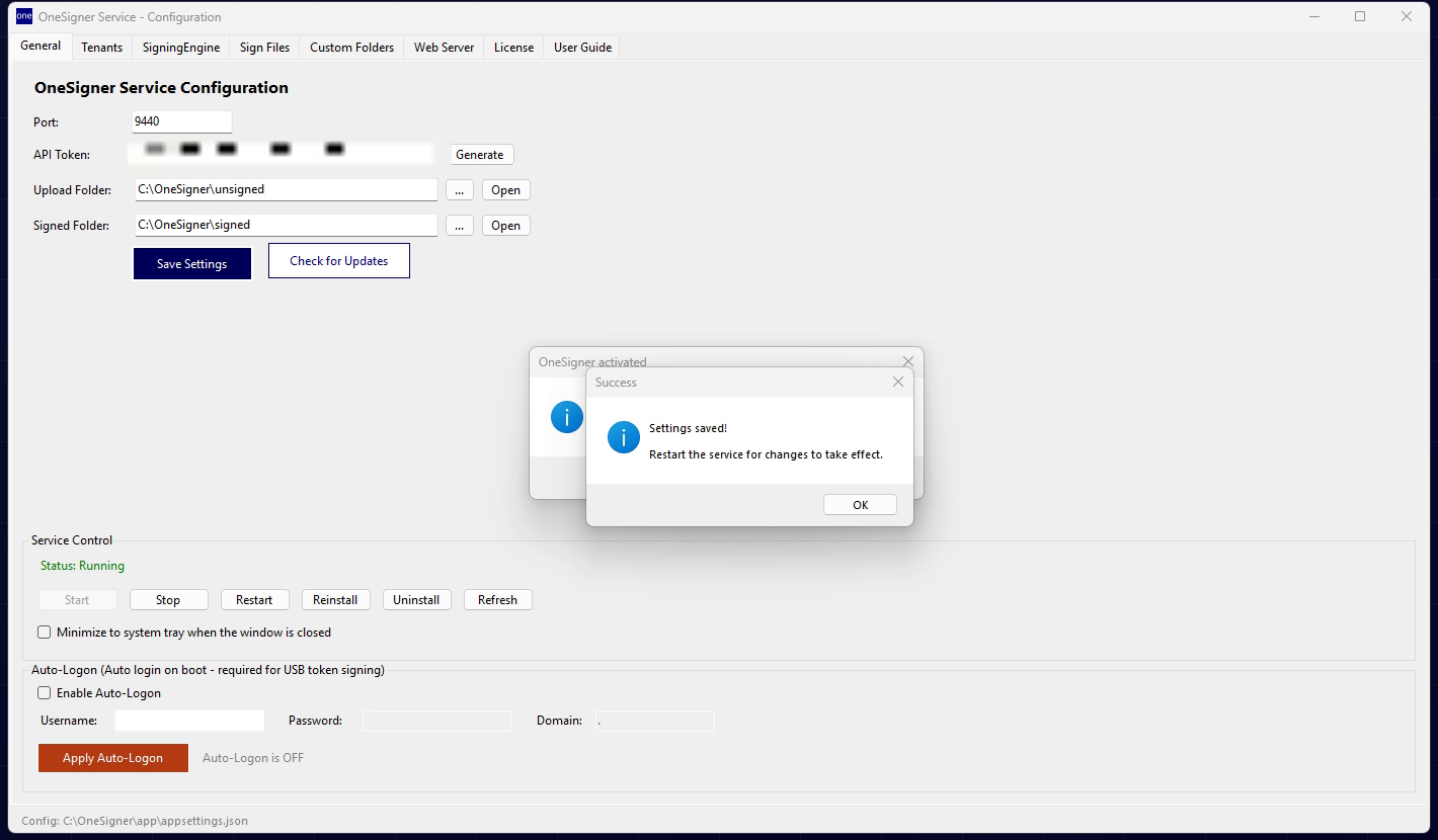 The configuration window with all tabs enabled after activation