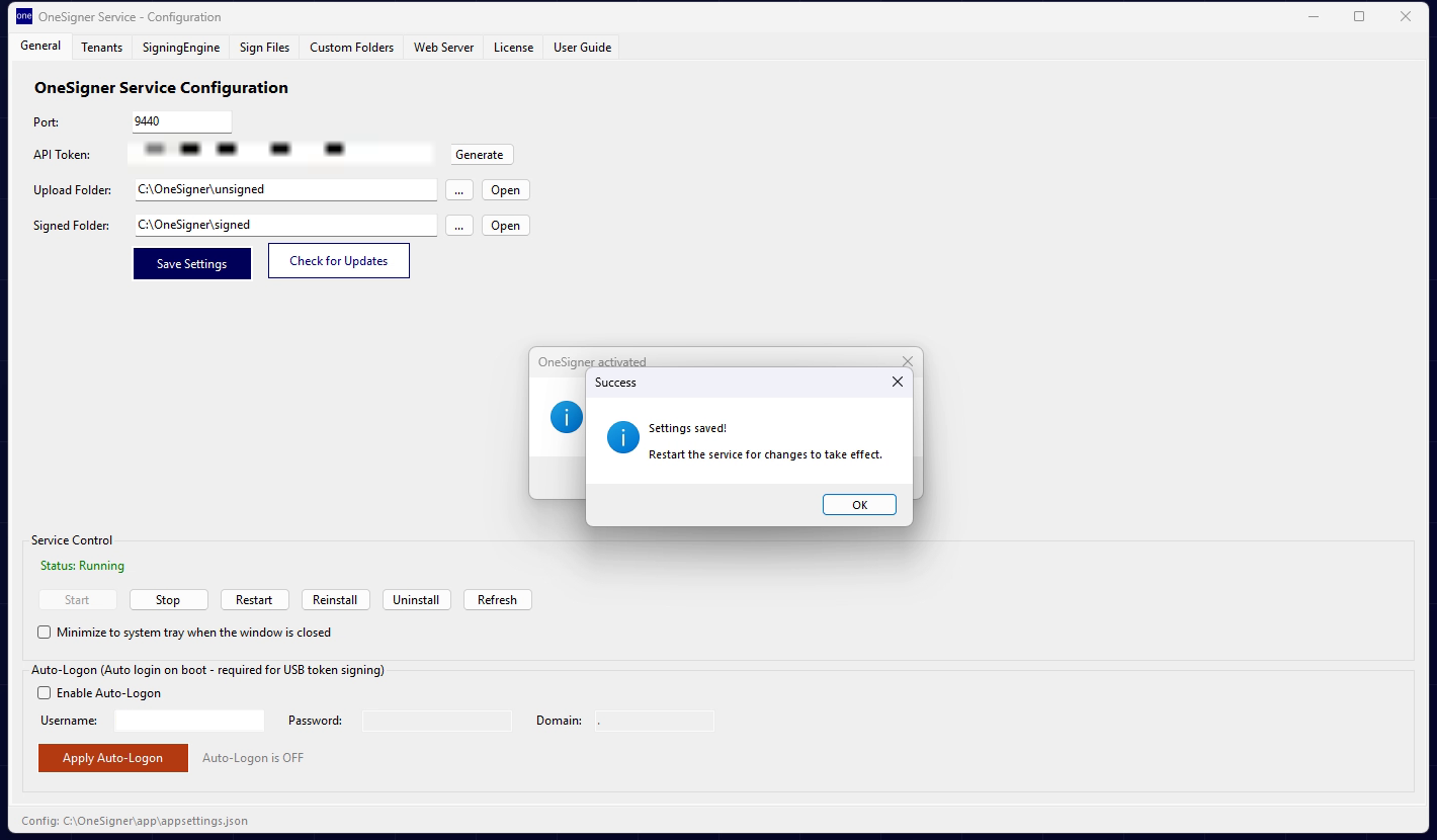 The General tab of the configuration window