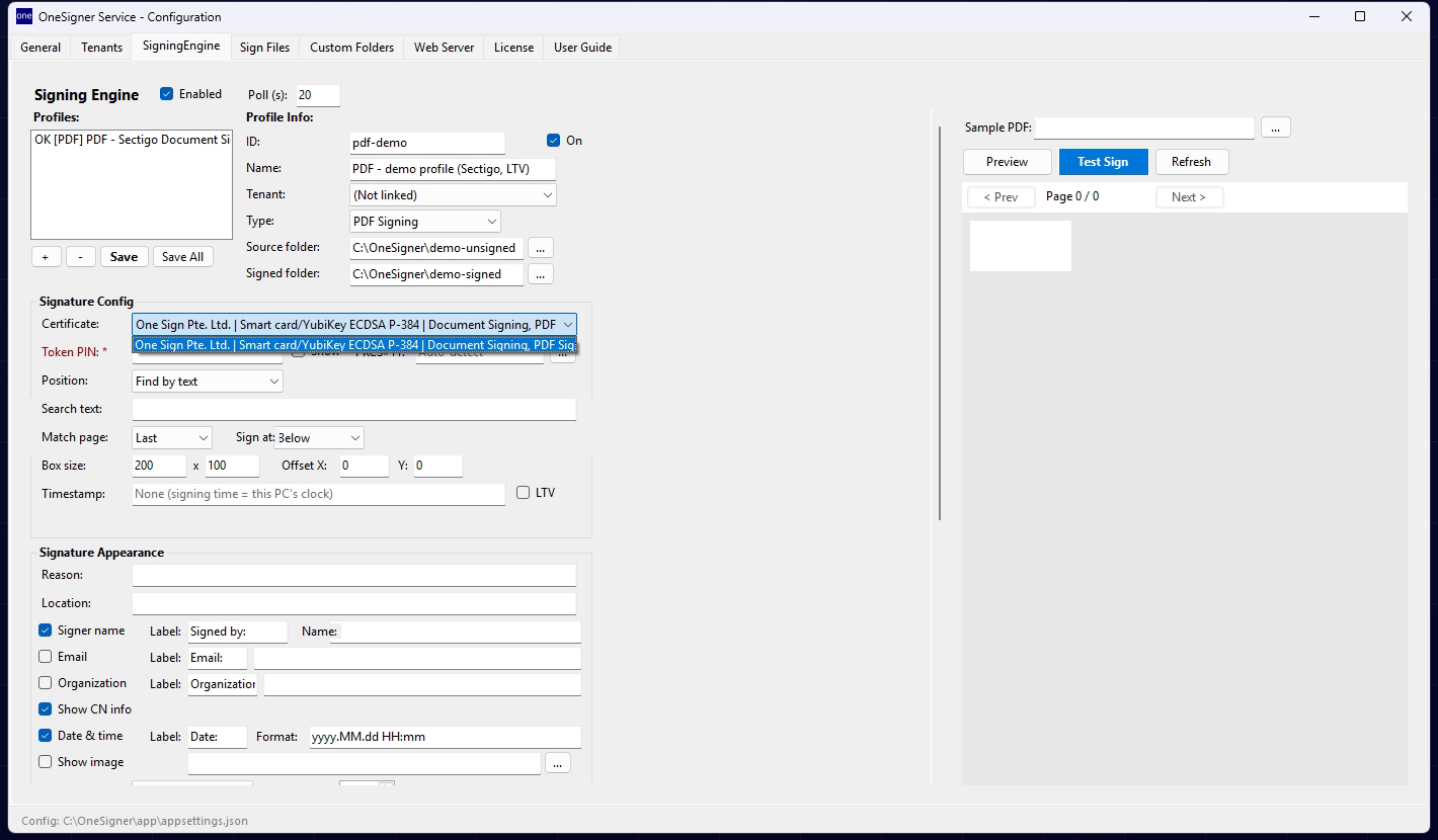 A completed PDF signing profile on the SigningEngine tab