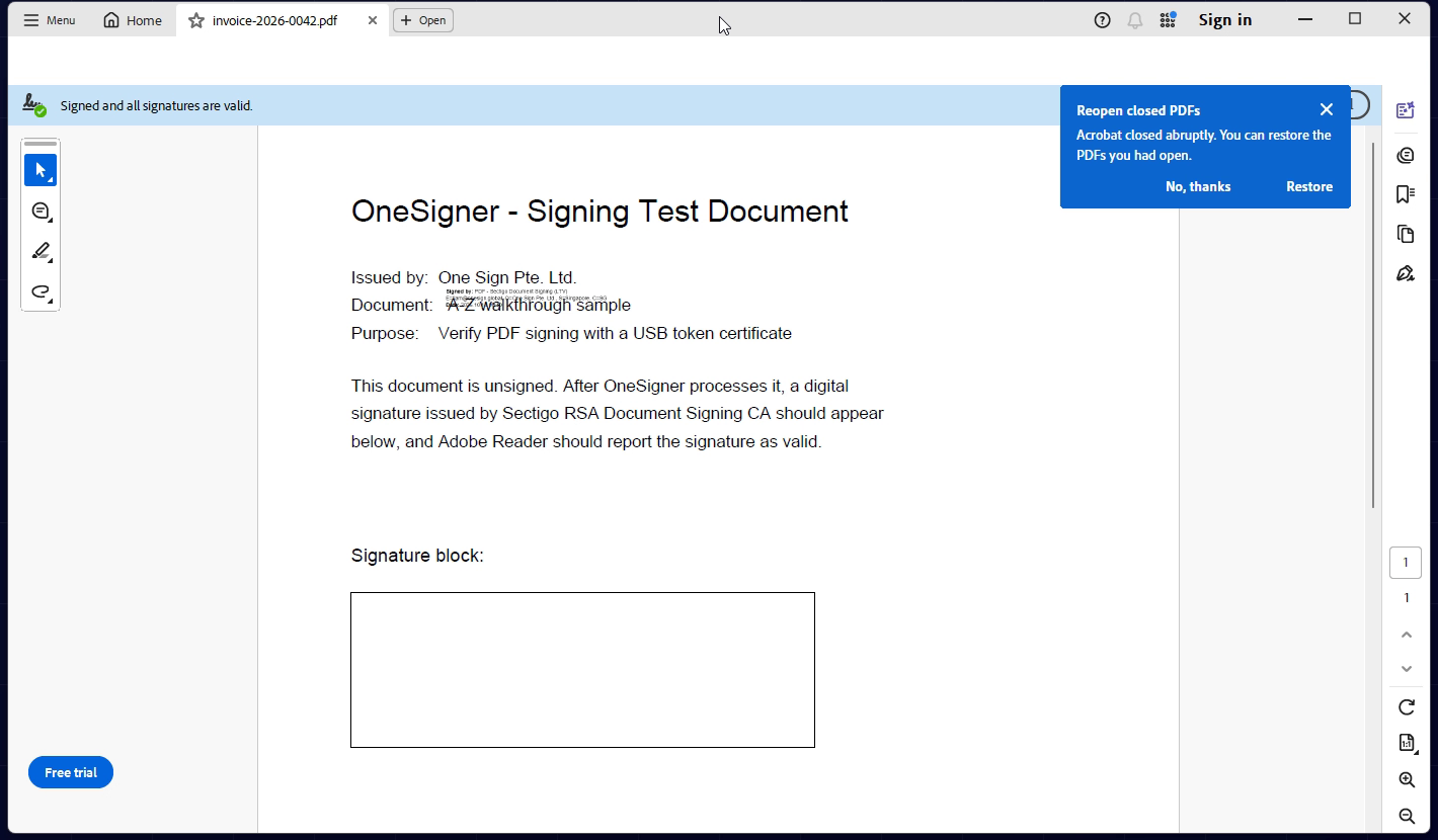 Adobe Reader showing the green banner for a valid signature