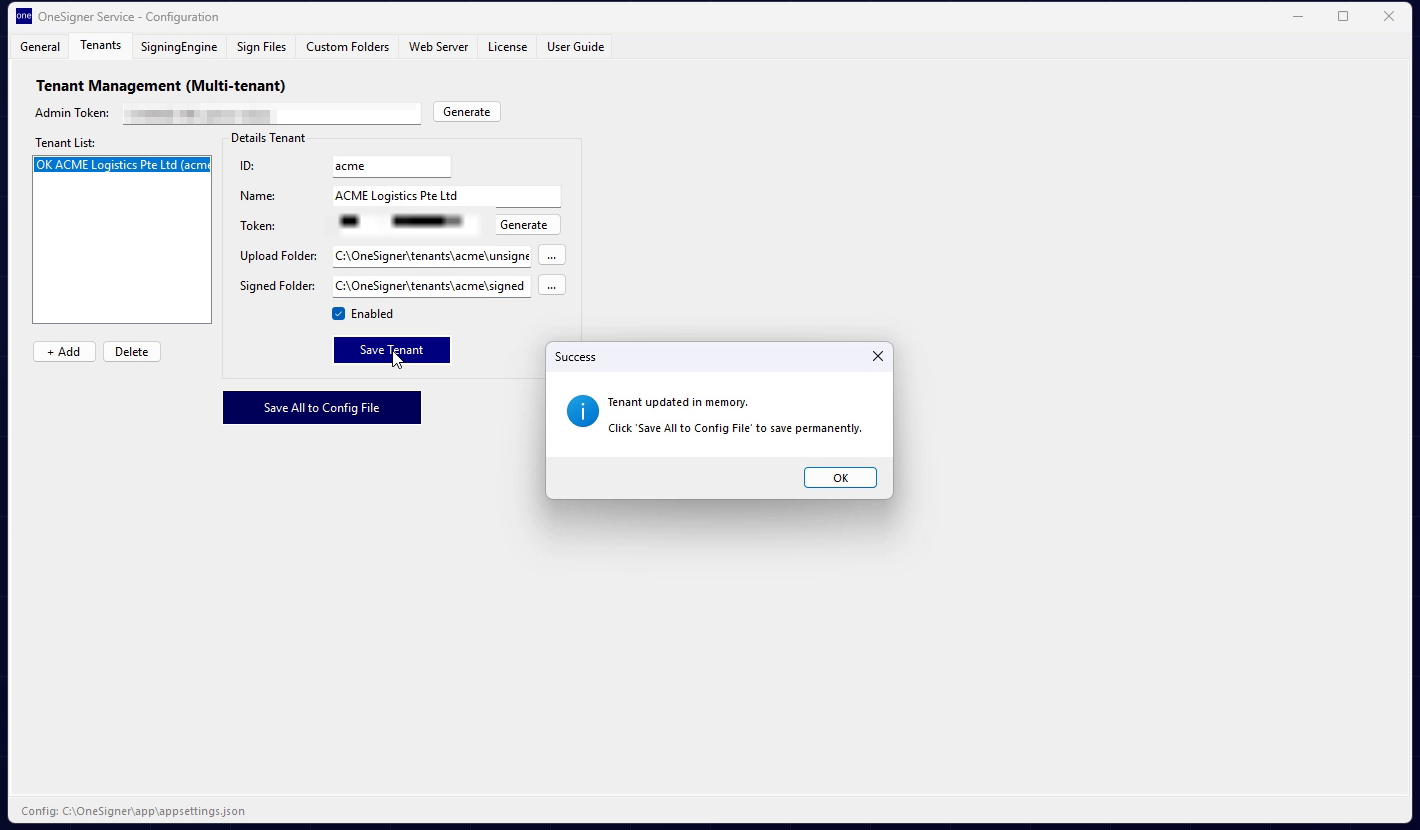 The Tenants tab after a tenant has been created