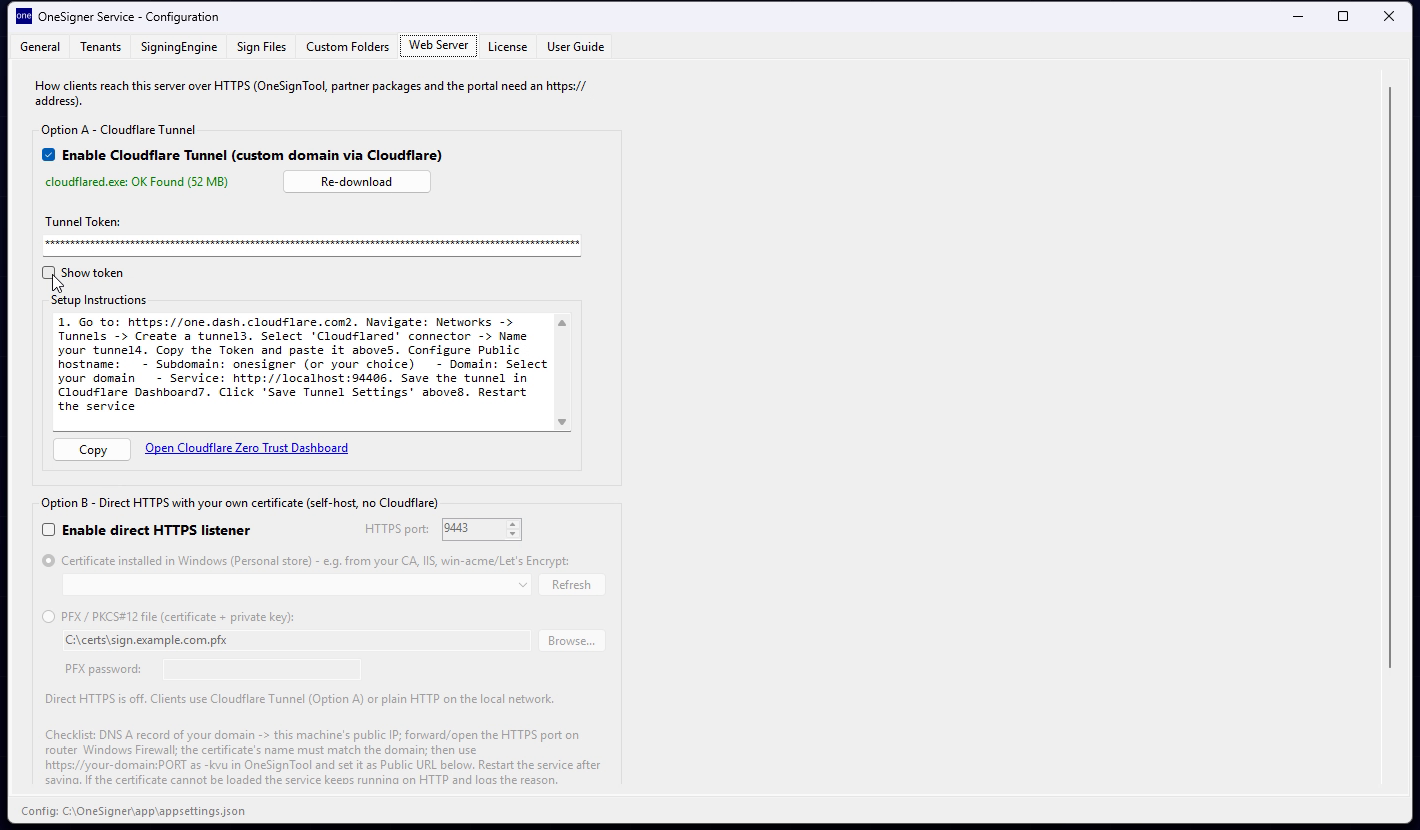 The Web Server tab with the Cloudflare tunnel enabled
