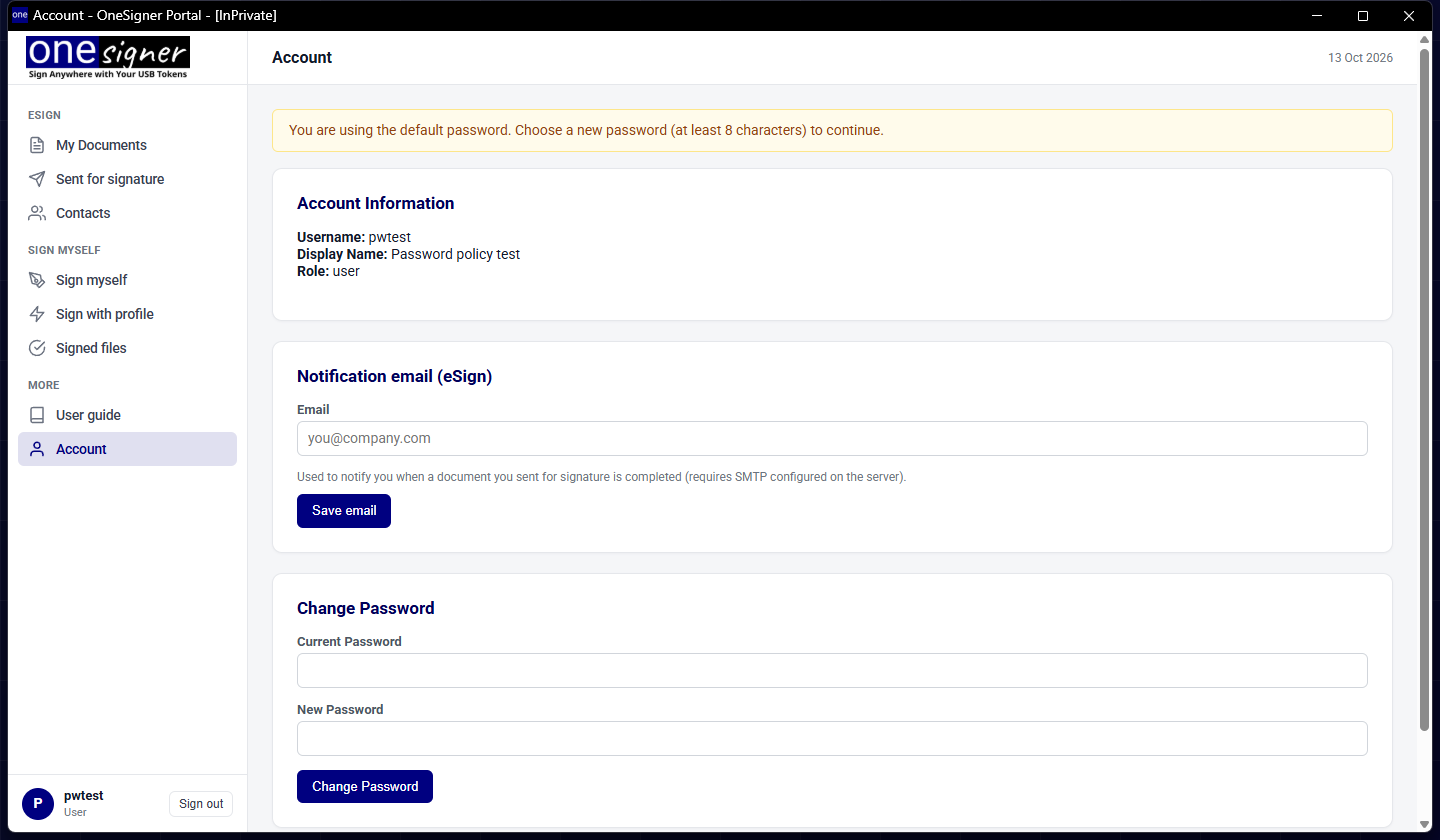 The portal asking for a new administrator password at first sign-in