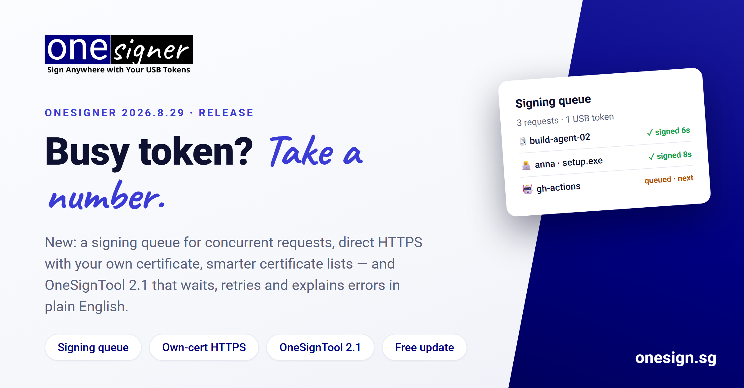 OneSigner 2026.8.29: Signing Queue, Bring-Your-Own-Certificate HTTPS, and OneSignTool 2.1