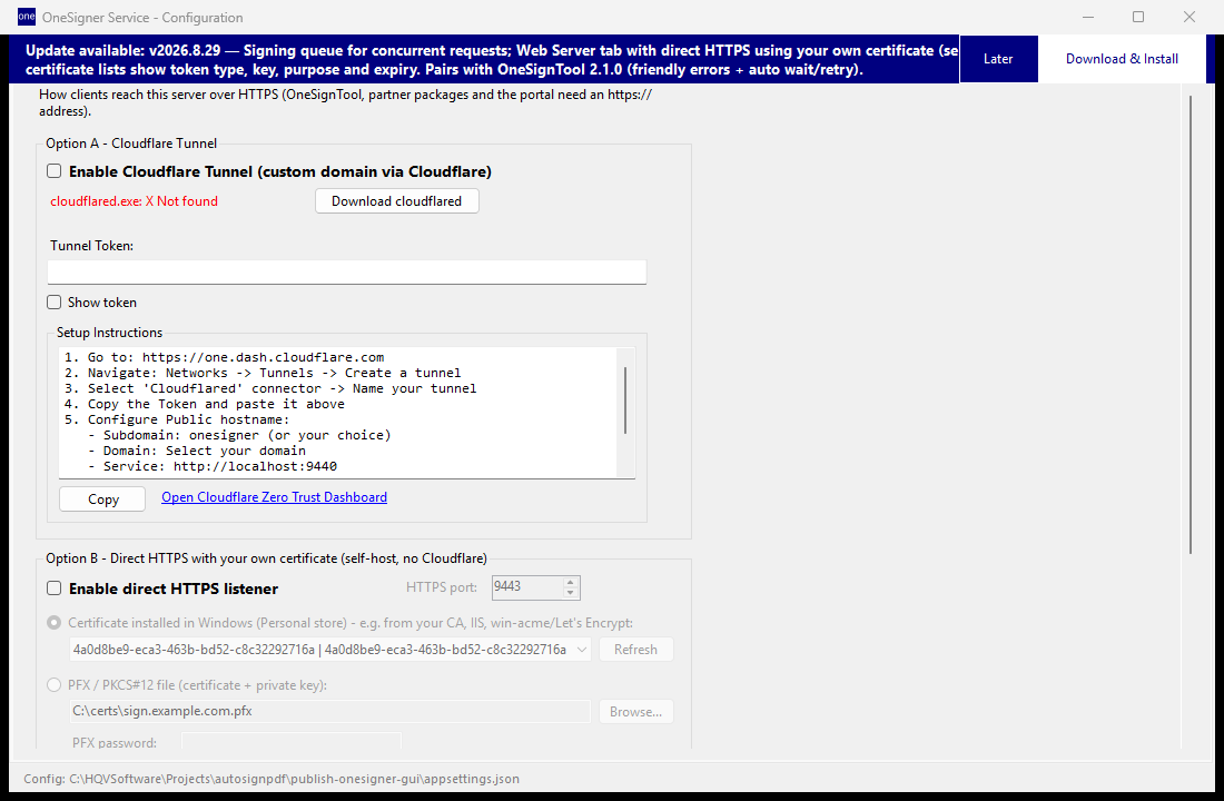 OneSigner Config: Web Server tab with Cloudflare Tunnel and direct HTTPS options