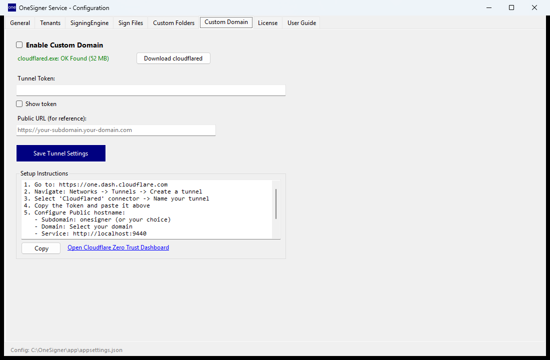 Custom Domain tab with cloudflared downloaded (OK Found) and tunnel token field