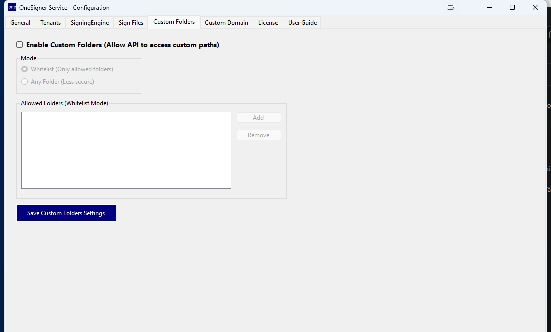 Custom Folders tab with whitelist mode