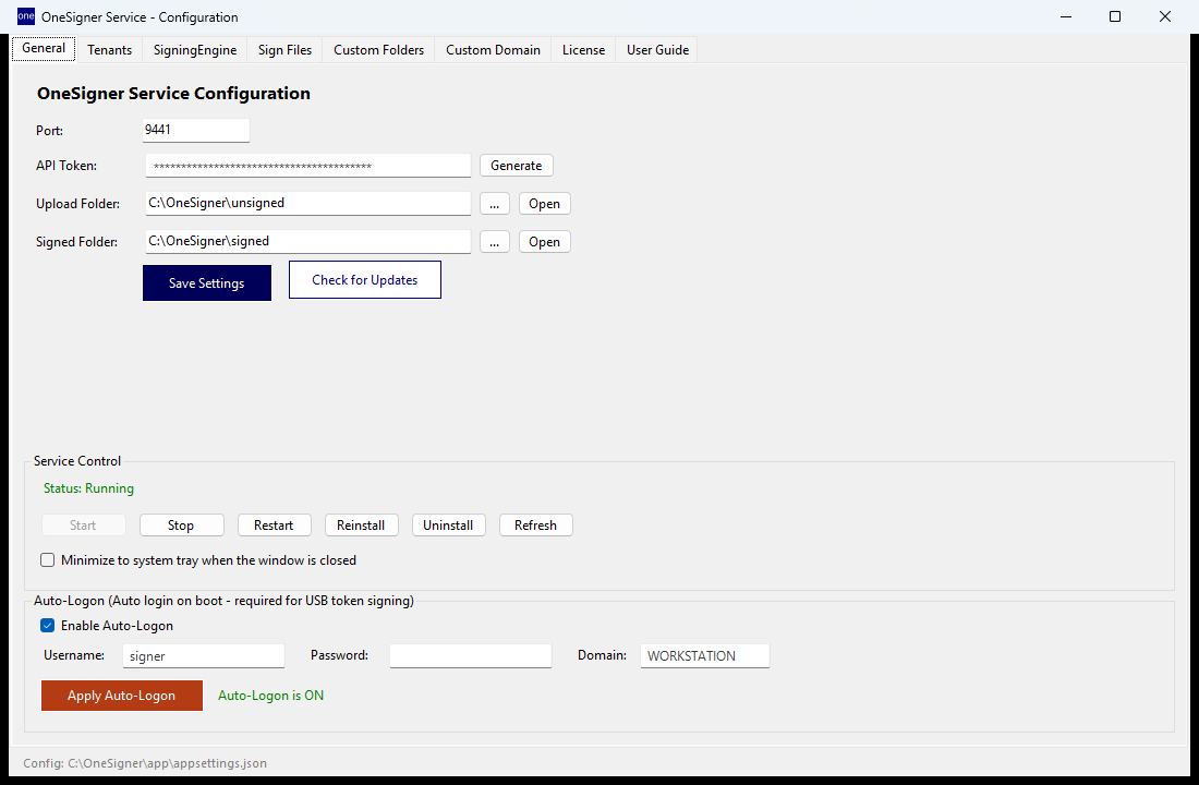 General tab: port, API token, folders, service control and auto-logon