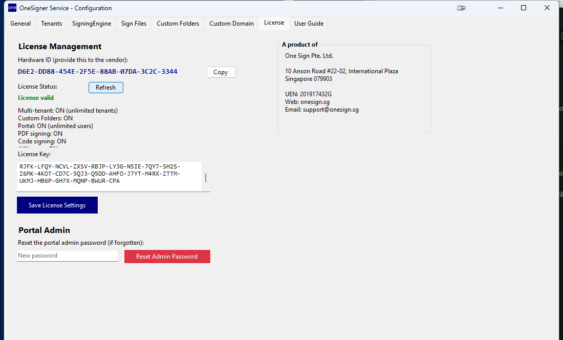 License tab showing License valid with Multi-tenant, Custom Folders, Portal, PDF and Code signing all ON