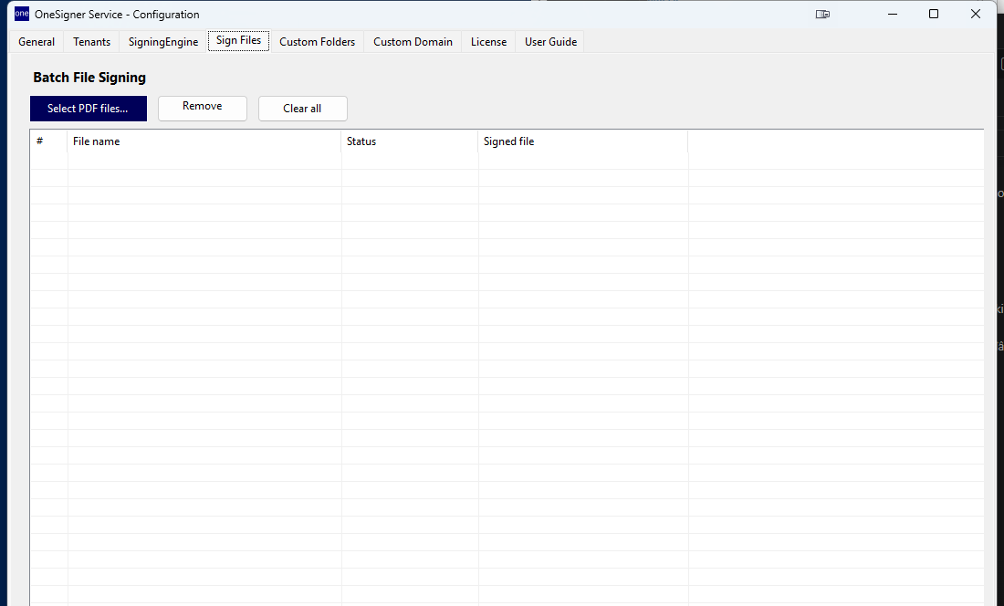 Sign Files tab for batch signing a list of PDFs