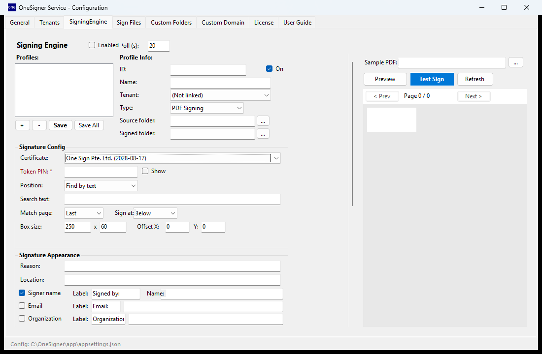 SigningEngine tab with a PDF profile and the One Sign Pte. Ltd. certificate selected