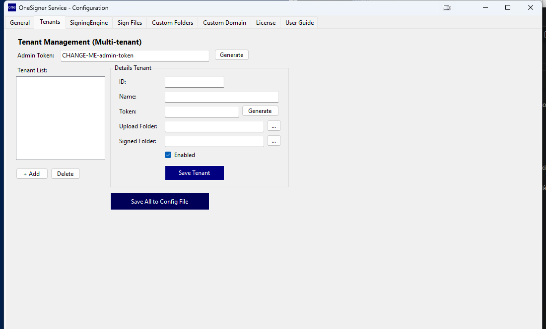 Tenants tab: admin token and per-tenant ID, name, token and folders